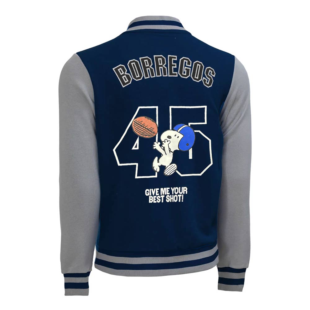 Chamarra Universitaria Peanuts Snoopy BTS25 BORREGOS Azul con Gris, Unisex