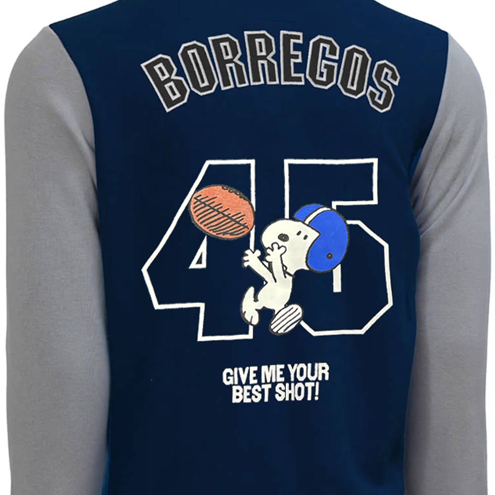 Chamarra Universitaria Peanuts Snoopy BTS25 BORREGOS Azul con Gris, Unisex