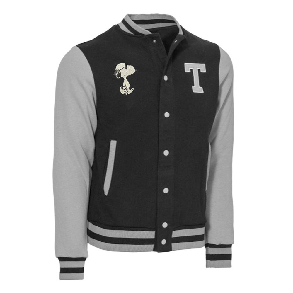 Chamarra Universitaria Peanuts Snoopy BTS25 TEC Gris con Negro, Unisex