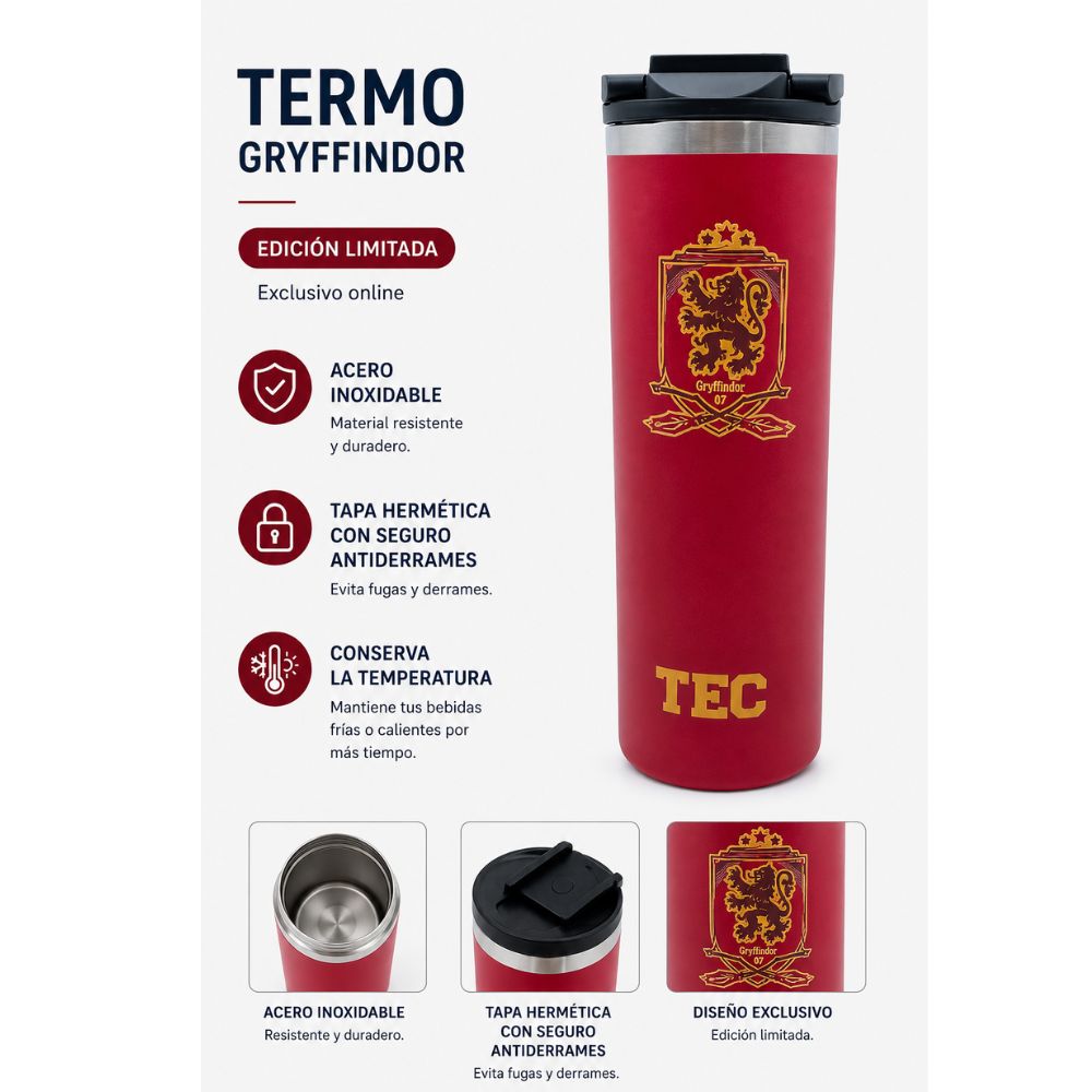 Termo Metálico Harry Potter Gryffindor TEC, Rojo