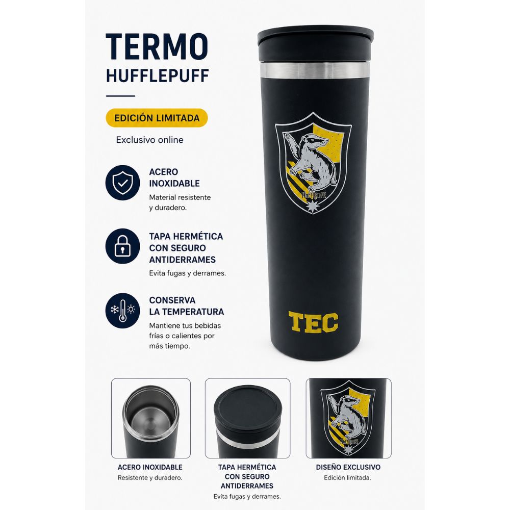 Termo Metálico Harry Potter Hufflepuff TEC, Negro
