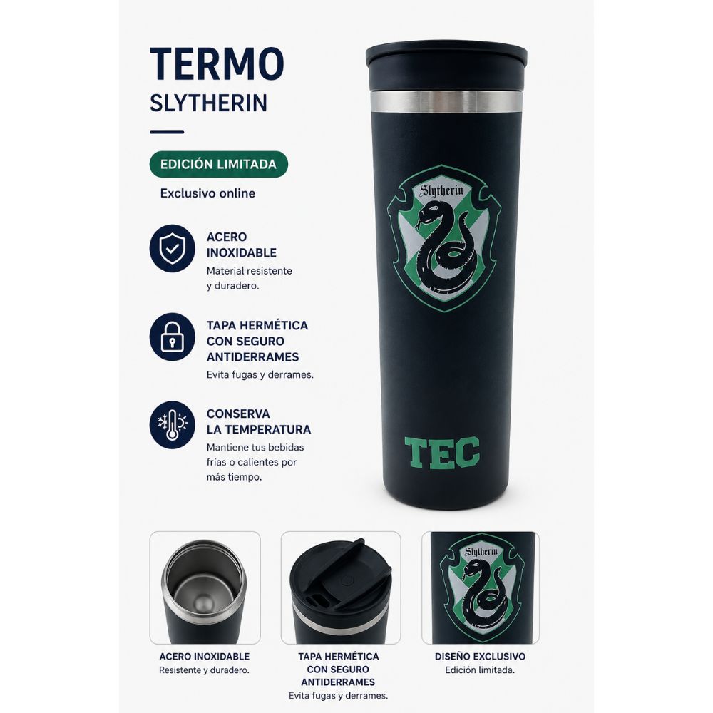 Termo Metálico Harry Potter Slytherin TEC, Negro