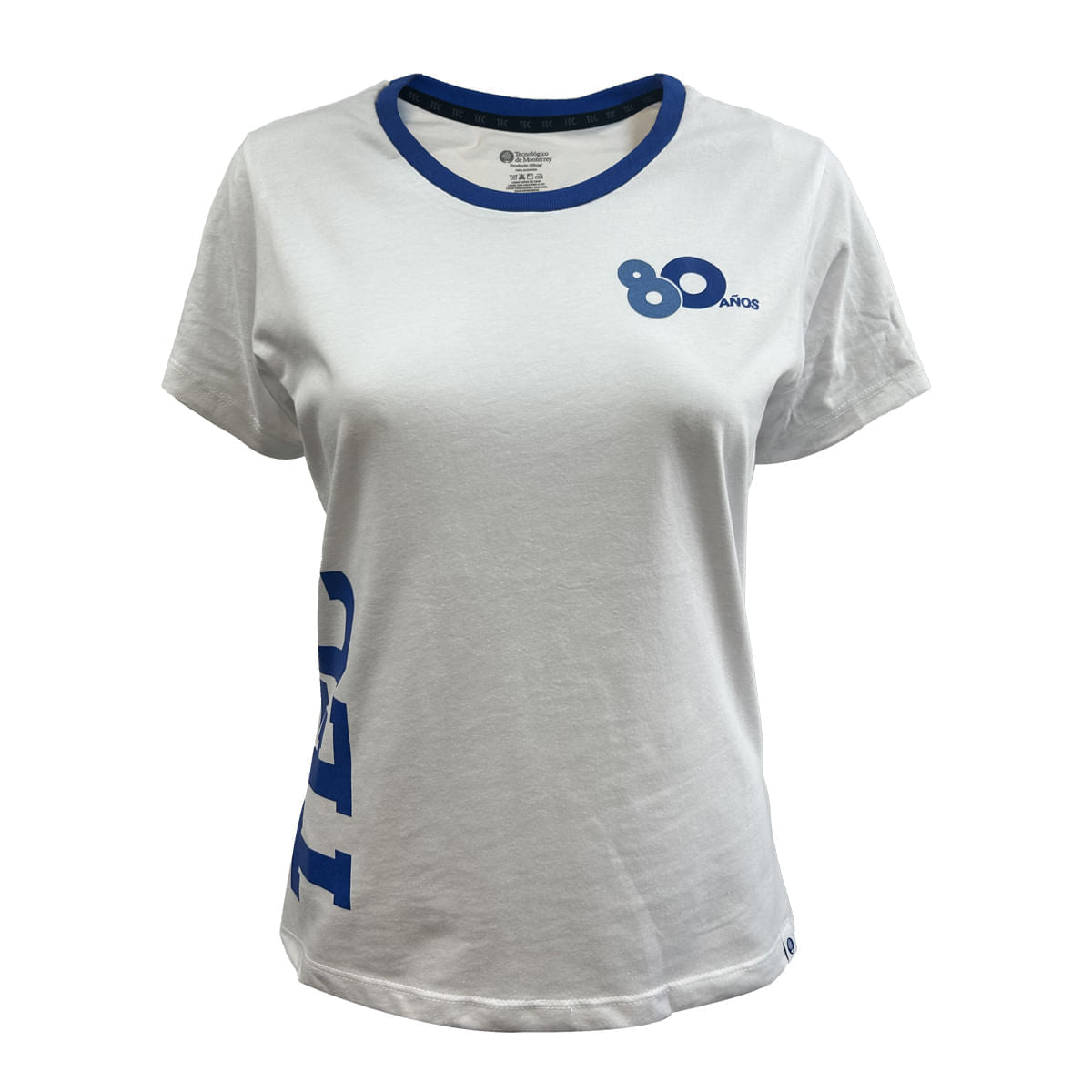 Playera Casual Tec 80 Aniversario Cuello Azul Blanco, Mujer
